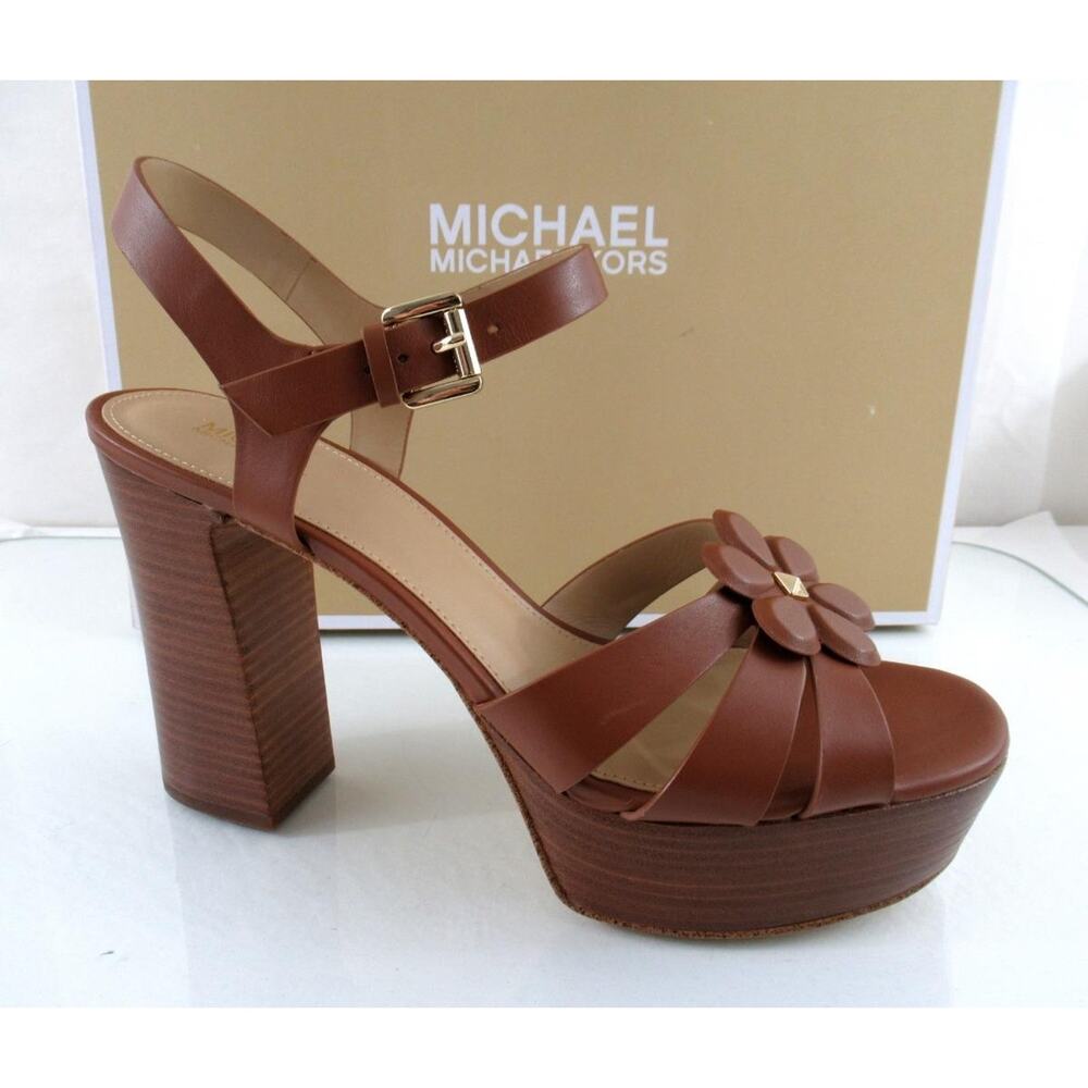 Michael Kors Size 9 Nellie Platform High Heels Sandals Leather Luggage Tan - Picture 8 of 9